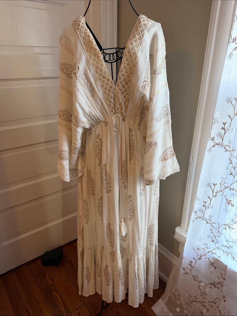 Bohemian V-Neck Maxi Dress in Ivory with Gold Print - Never Worn